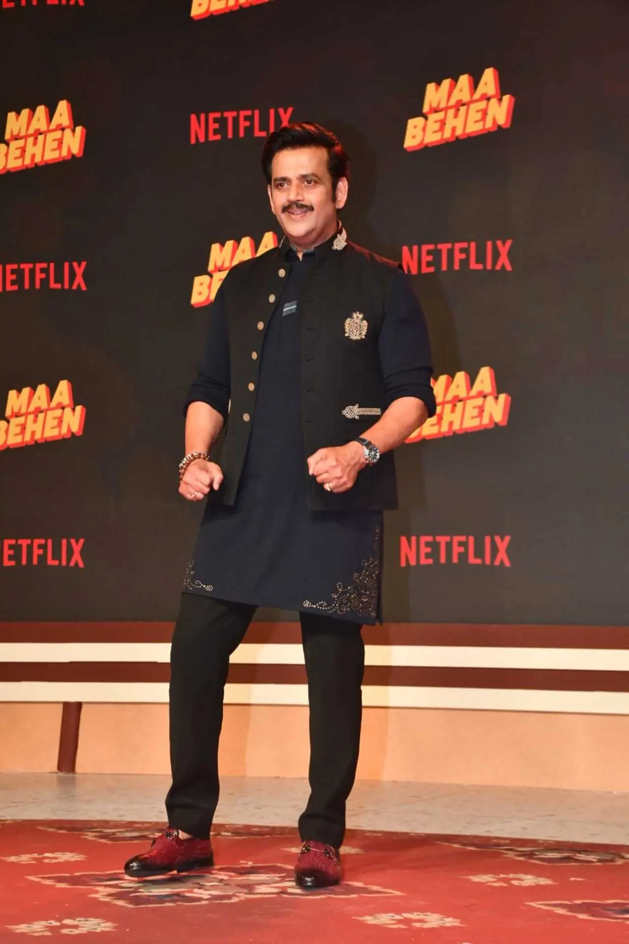 Ravi Kishan brought his signature charm and energy to the trailer launch of Maa Behen. Dressed in a stylish black ethnic ensemble with embroidered detailing. Ravi Kishan brought his signature charm and energy to the trailer launch of Maa Behen. Dressed in a stylish black ethnic ensemble with embroidered detailing.